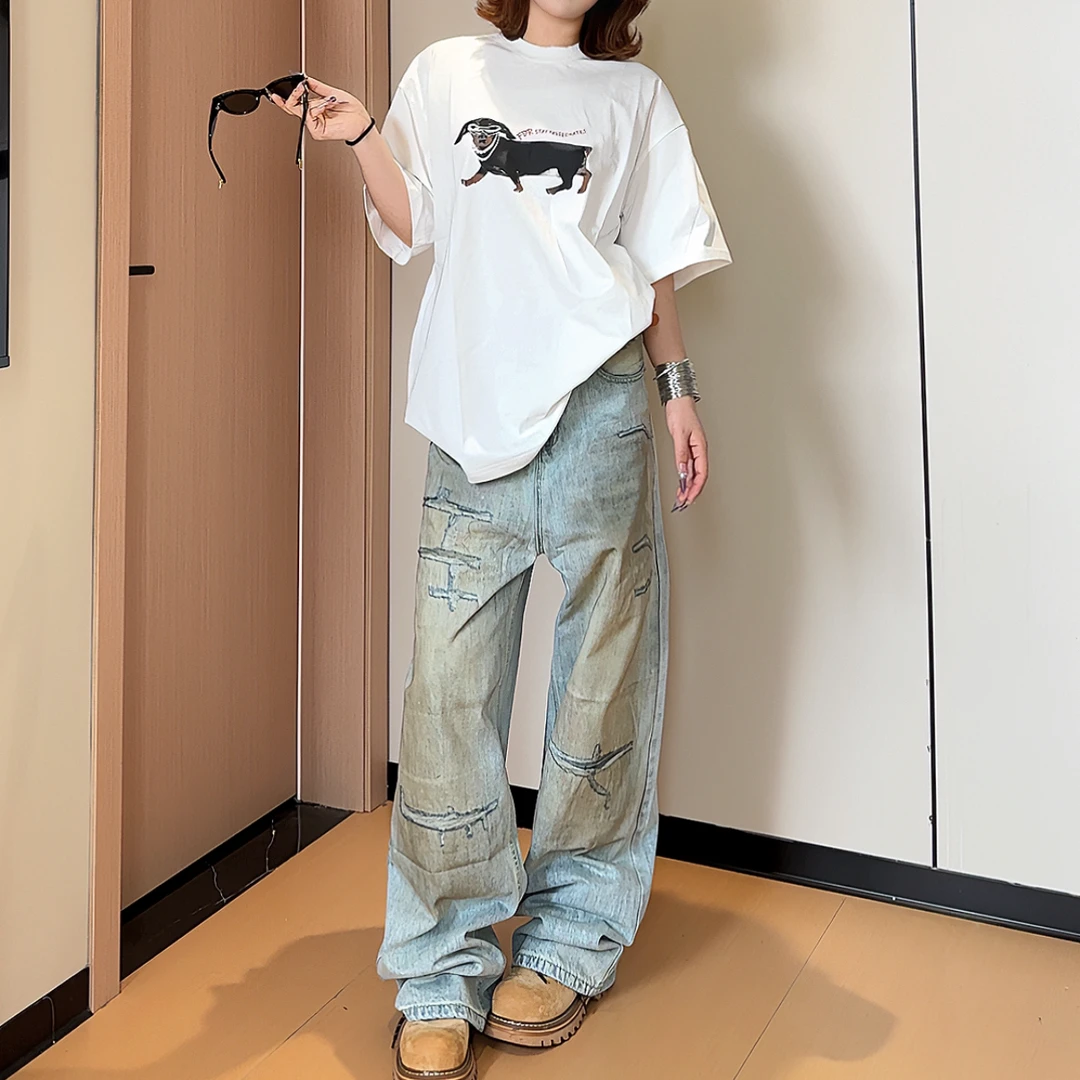 F家墨镜腊肠狗印花短袖T恤