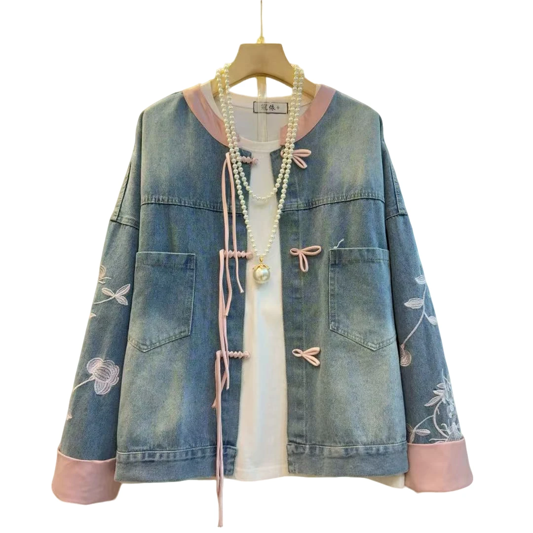 重工印花牛仔拼接国风盘扣百搭宽松外套