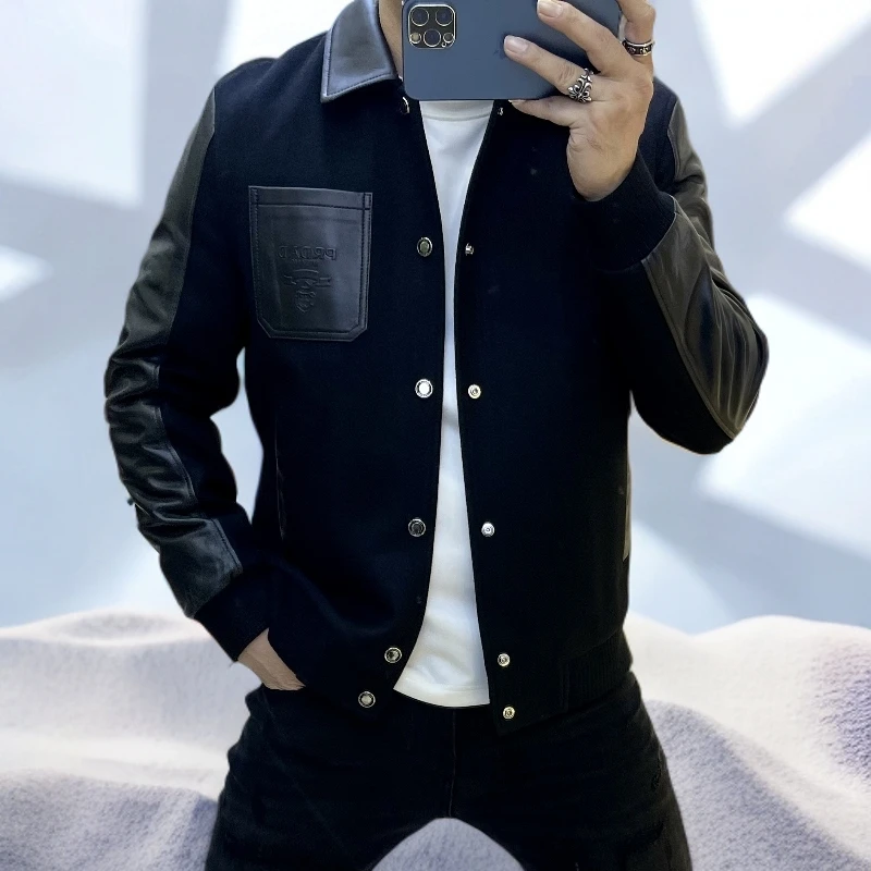 宾斯洛特羽绒服时尚休闲翻领夹克时尚绵羊皮拼接外套男装冬季外衣