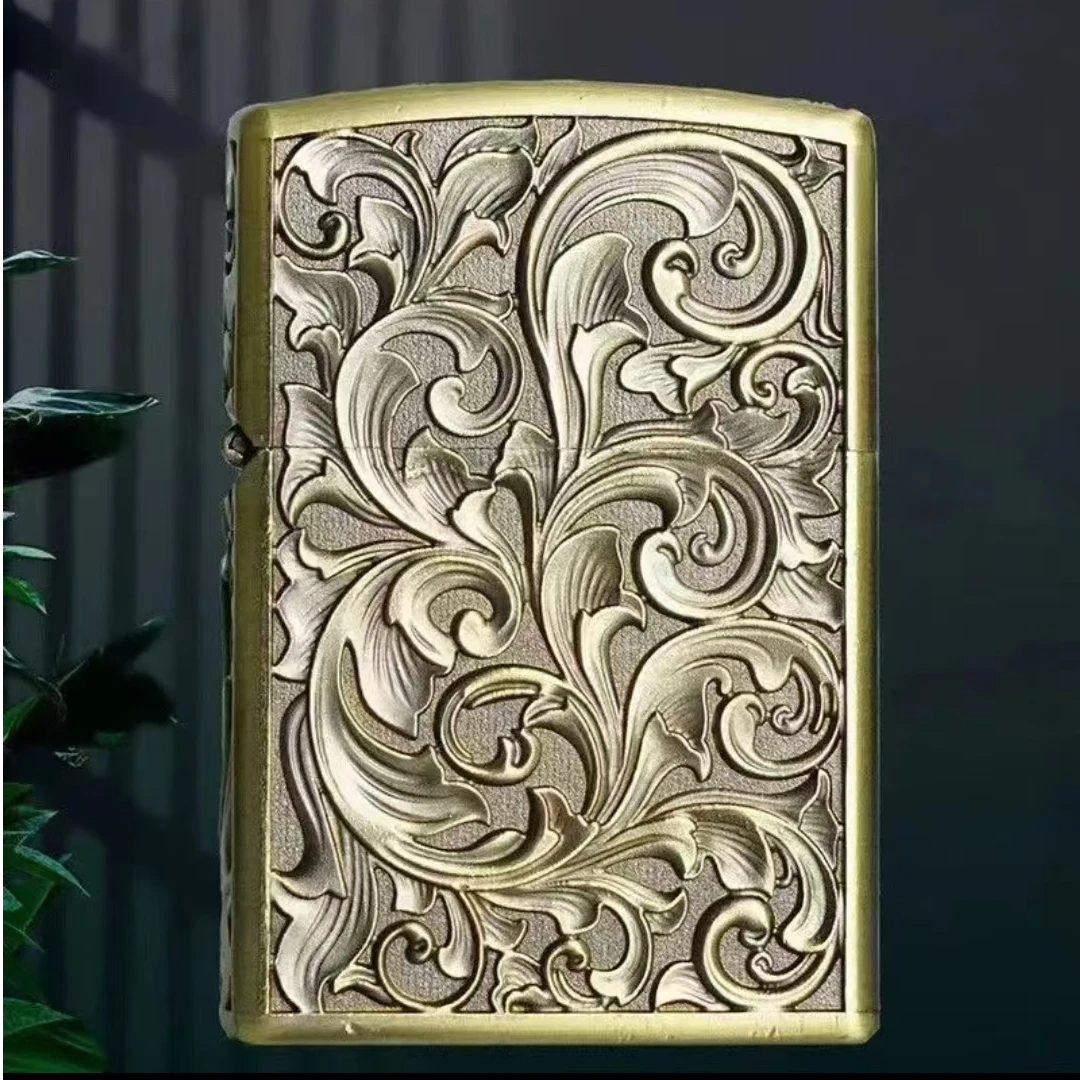 金色-盔甲浮雕五面唐草花  手雕经典双面仿古创意煤油打火机