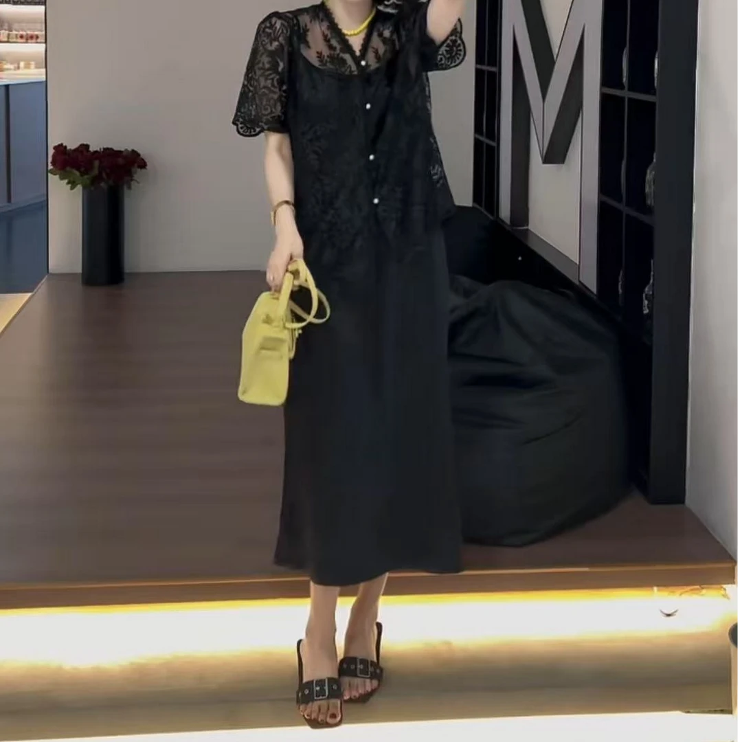 2025夏款时尚套装蕾丝刺绣外披+高垂度连衣裙洋气百搭