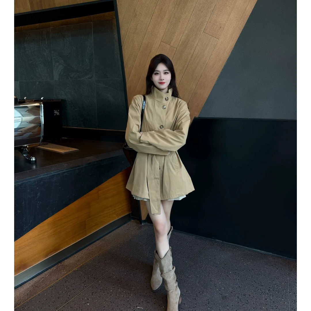 春秋季新款韩系休闲垂感宽松短款立领小个子风衣外套女F92