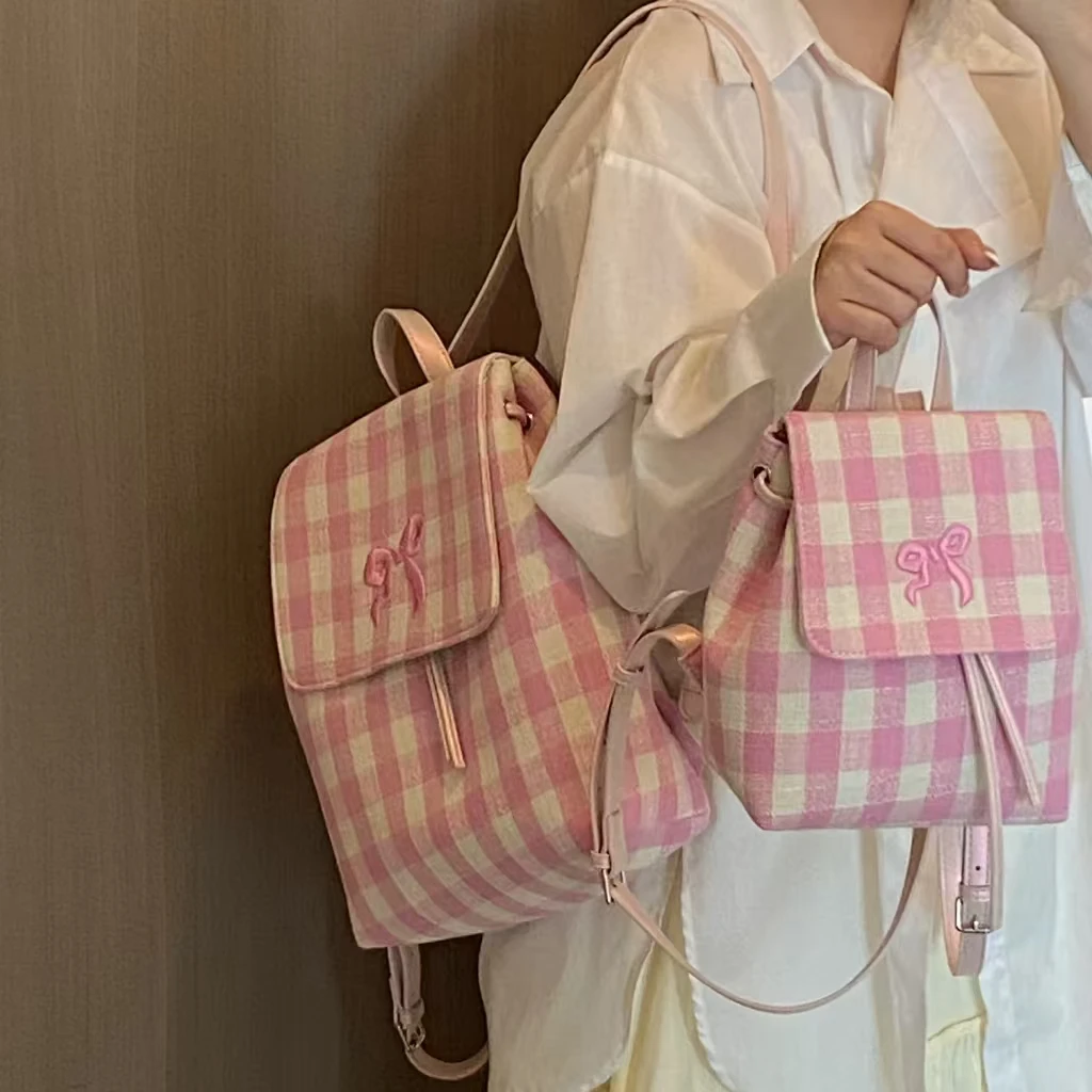韩版收纳可爱刺绣蝴蝶结风学院风耐磨双肩包休小众棋盘格日系格纹
