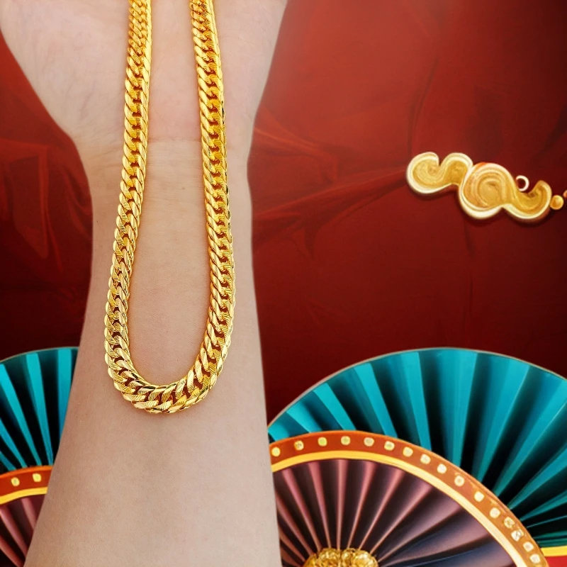 链子足银 车花古巴项链时尚霸气经典个性男款实心中古不掉色素链