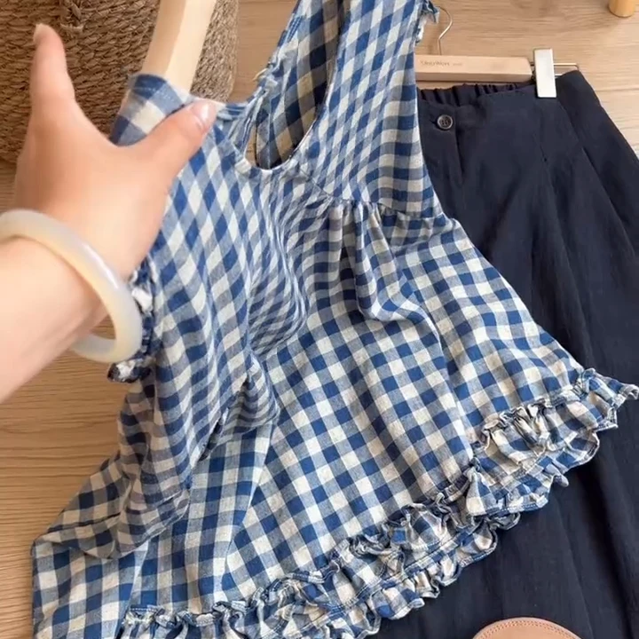 夏季色织木耳边宽松凉快背心舒适文艺无袖上衣女C5432