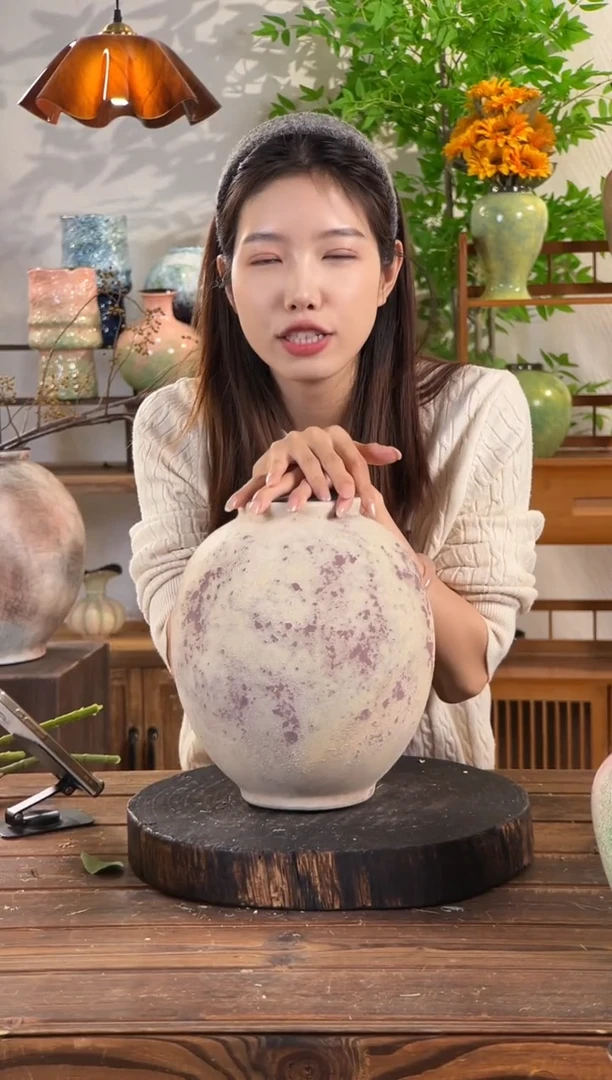 斑点红月亮罐侘寂风斑驳做旧大肚陶罐陶瓷花瓶客厅玄关装饰摆件