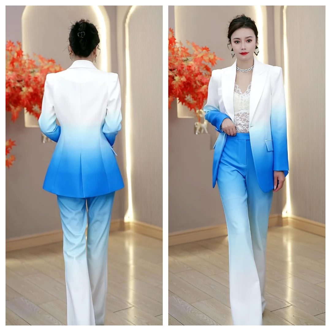 春秋季新款渐变蓝时尚套装西服小众设计师气质白蓝两件套150D