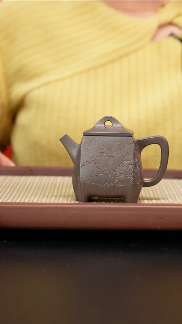 【闪购商品】紫砂茶壶全手工天青四方高石瓢刻绘