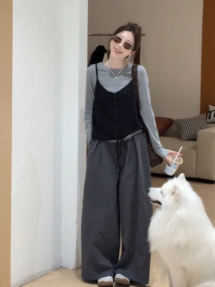 韩系独特超好看减龄洋气学院风高级感黑色吊带t恤两件套装女早秋