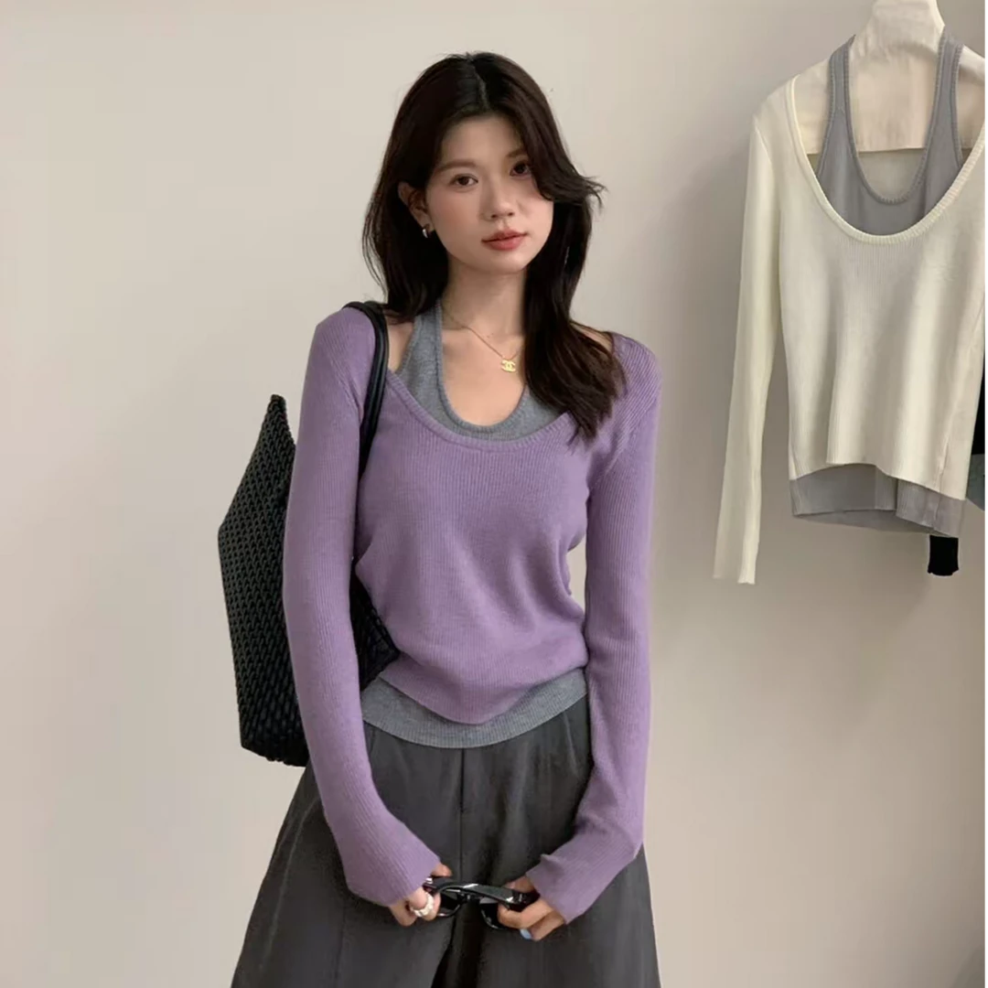 设计感撞色假两件挂脖羊毛针织衫秋冬精致感显瘦纯欲长袖单穿内搭