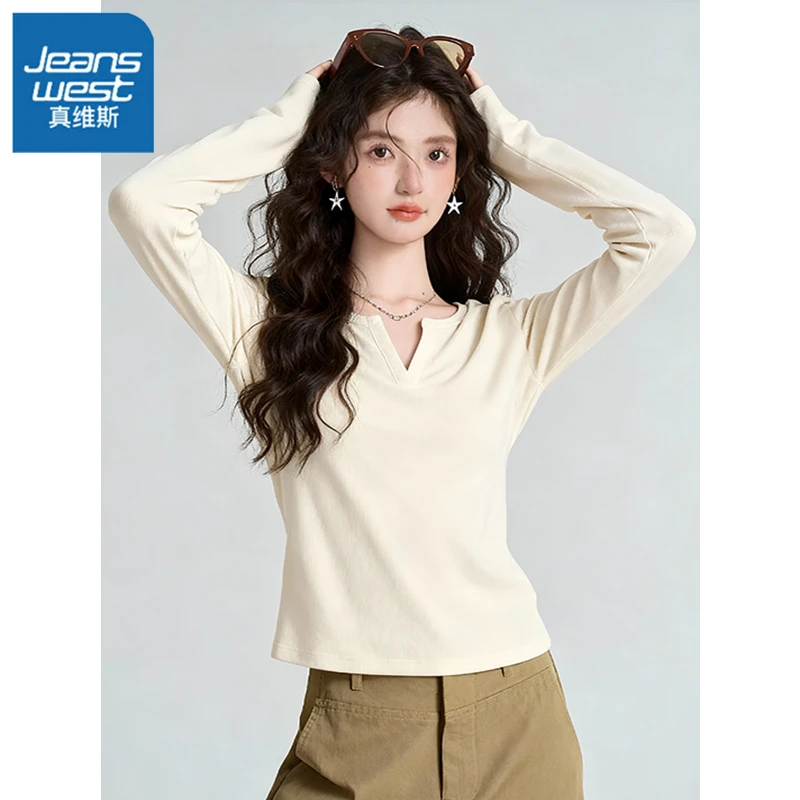 真维斯设计感小众V领长袖T恤女早春内搭短款打底衫美式辣妹修身