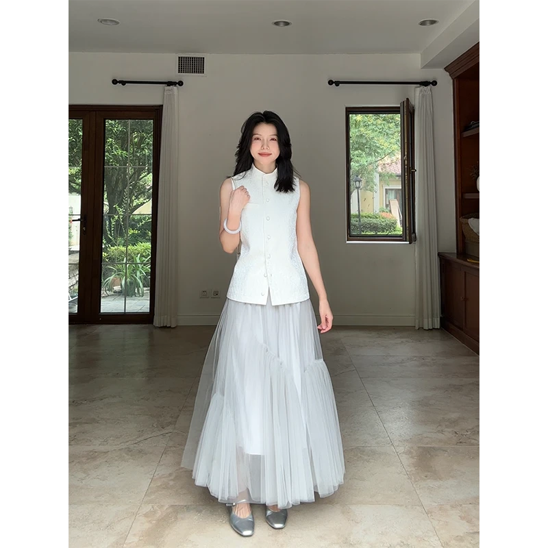 郭九九呢 新中式国风提花立领马甲不规则网纱半身裙 G925Z03541