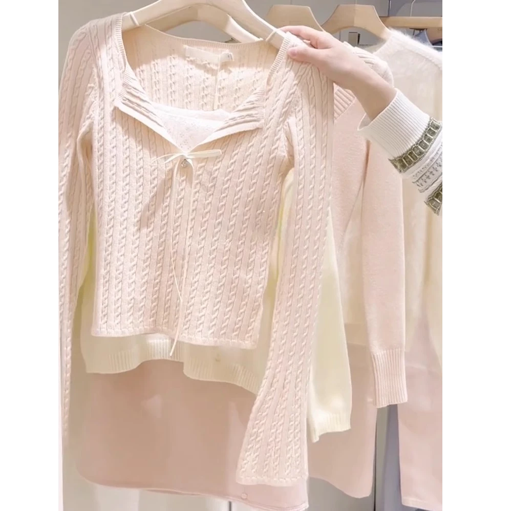 甜美温柔风超好看粉色喇叭袖针织衫女2025春夏纯欲蝴蝶结外穿上衣