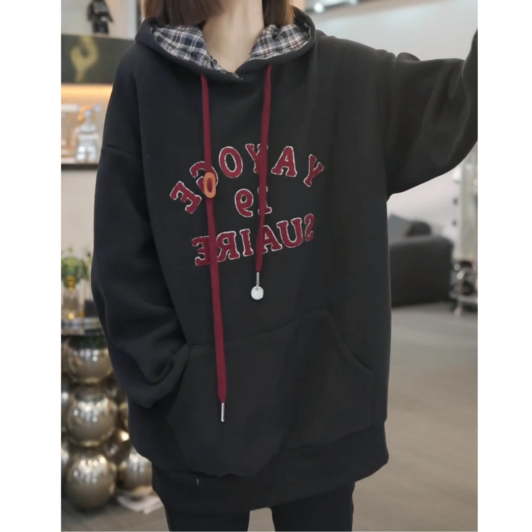 设计感卡通印花西海岸风加绒连帽卫衣女冬季新款休闲宽松长袖上衣