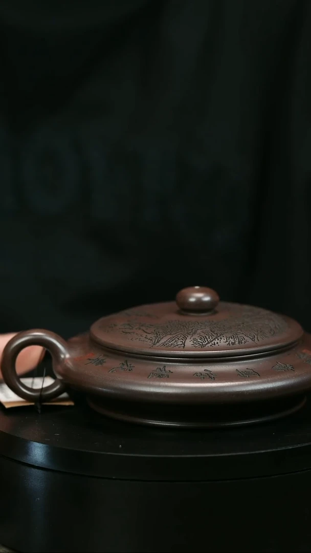 茶壶紫砂泽*H1956李传荣紫泥刻绘虚扁