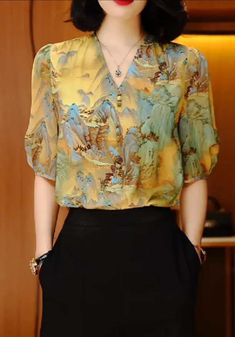 万水千山-新款上衣百搭时尚气质v领印花洋气经典高级