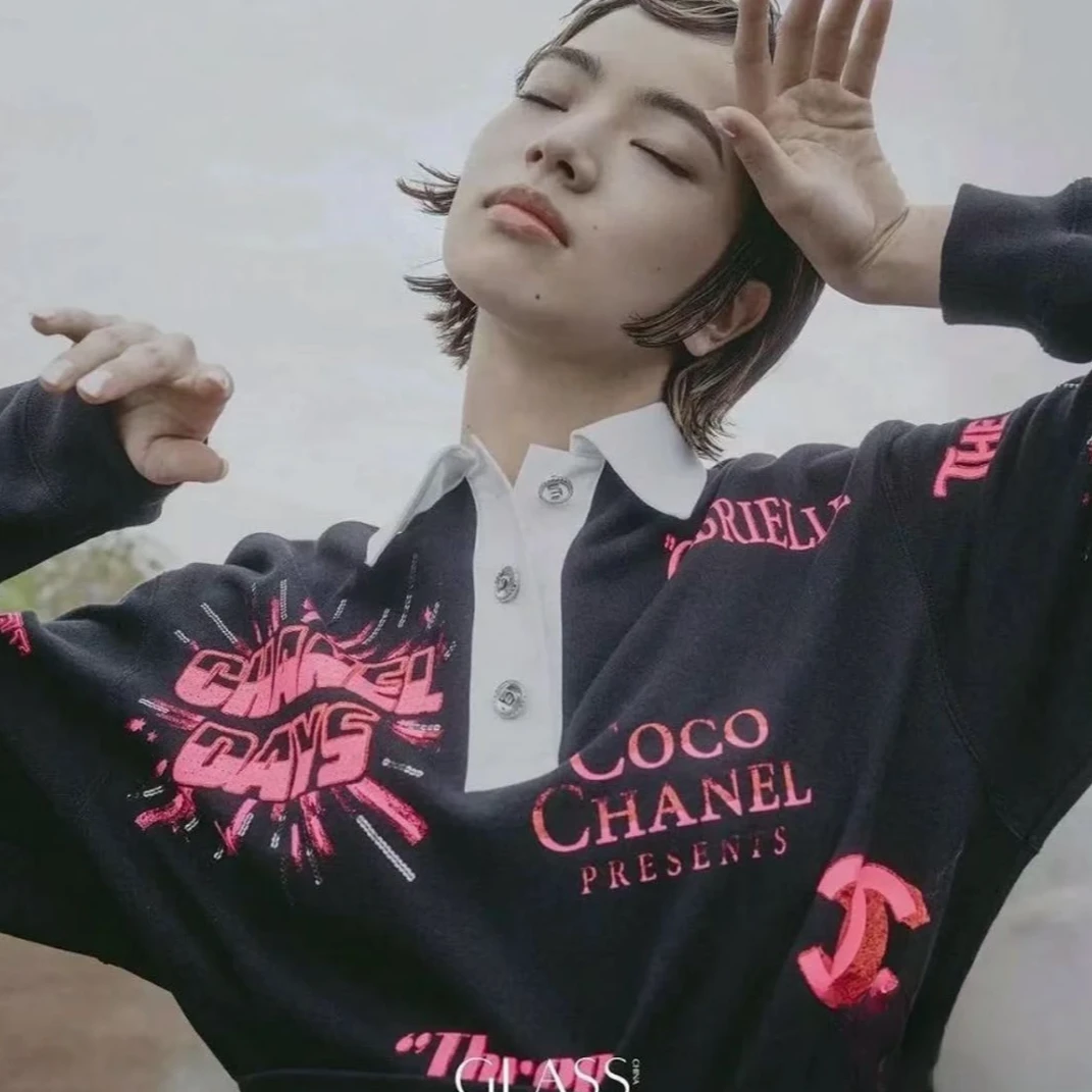 99新 Chanel/香奈儿 Chanel coco黑粉涂鸦长袖小松菜奈同款 XS码