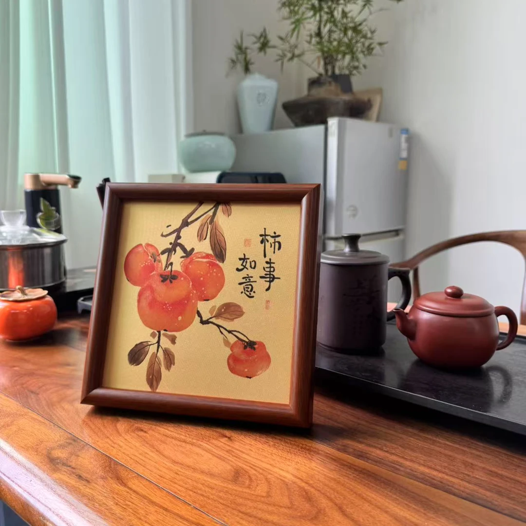 释同《柿事如意》伴手礼高端送礼铜板画家用自用桌面摆件喜庆装饰画