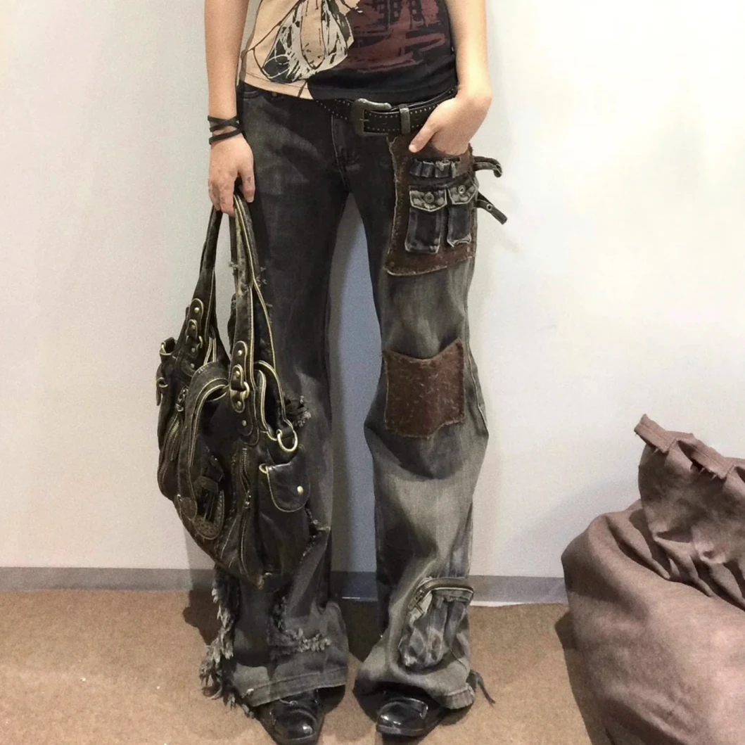 美式复古大码水洗补丁贴布微喇牛仔裤女街头多口袋宽松工装长裤潮