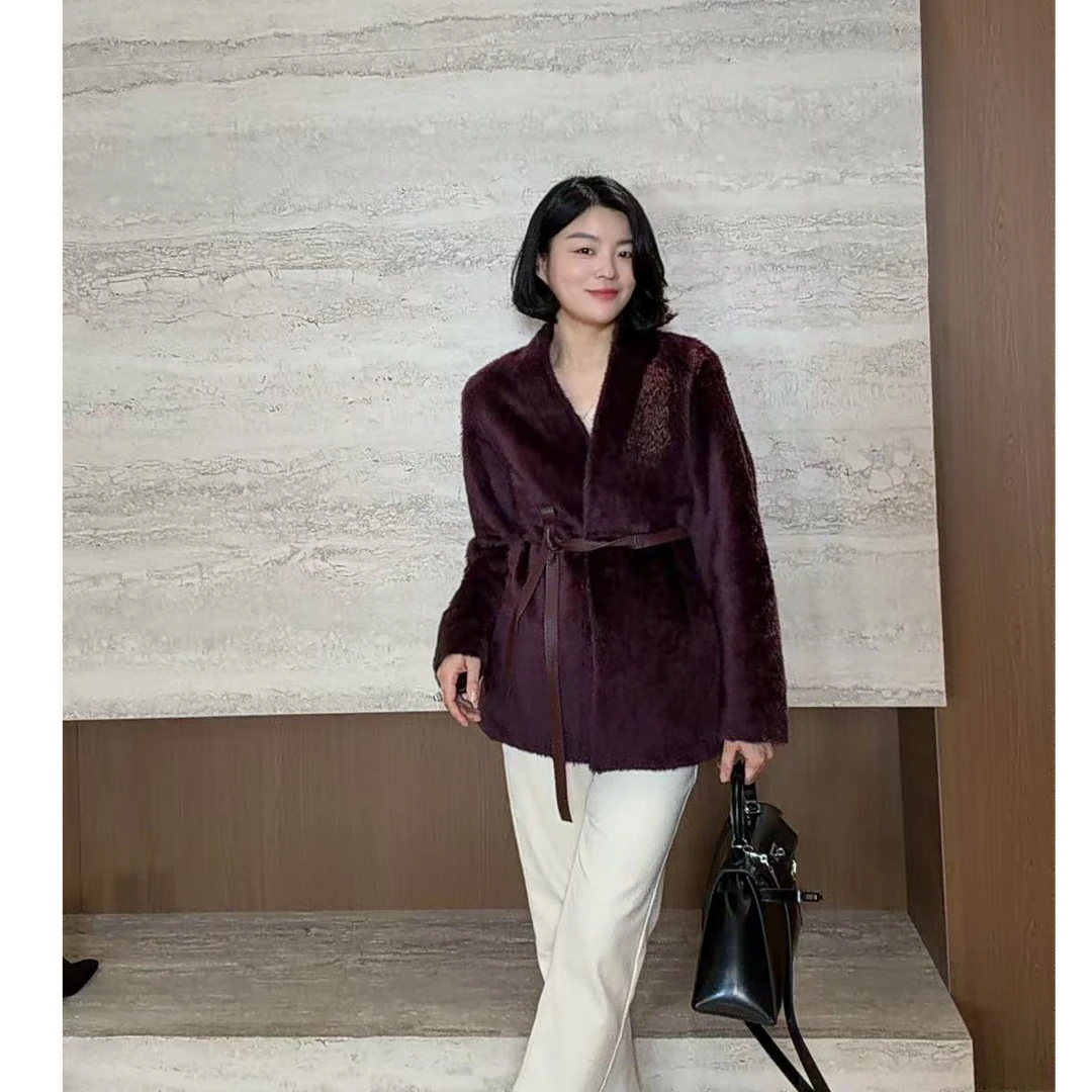 TANTAN 气质时尚短款秋冬V领短款皮毛一体两穿外套3954