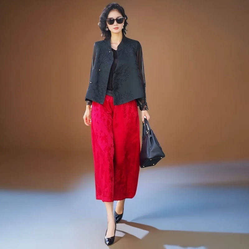 新中式国风时尚套装25秋季提花马甲上衣宽松阔腿裤气质显瘦两件套