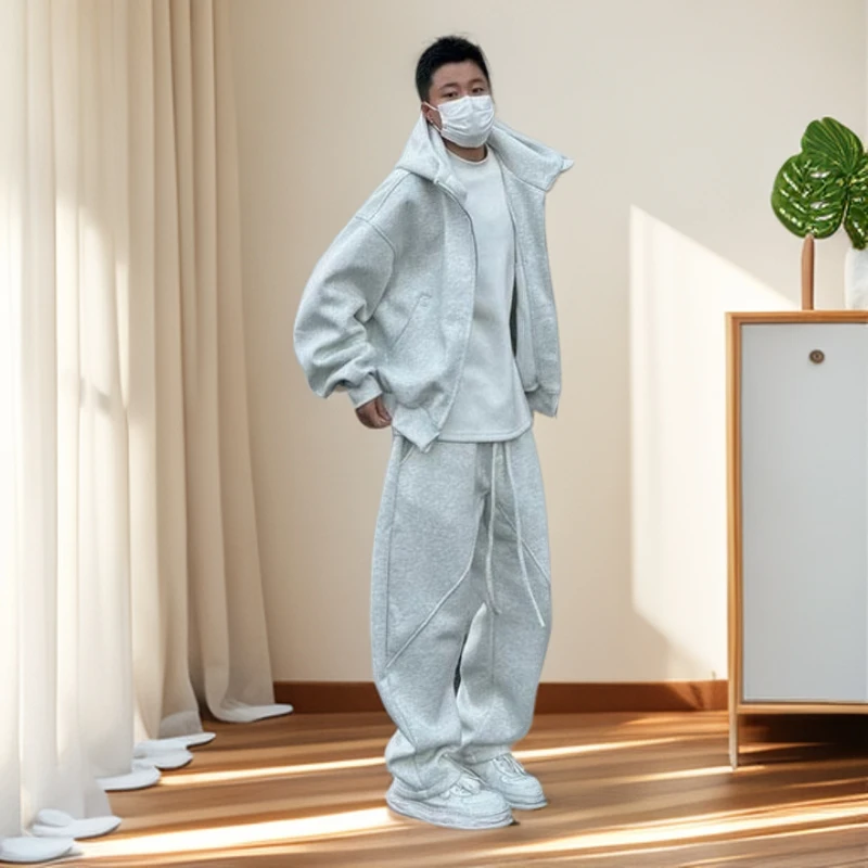 VALVOELITE早春秋季休闲裤宽松两件套装冬季重磅连帽卫衣开衫男潮