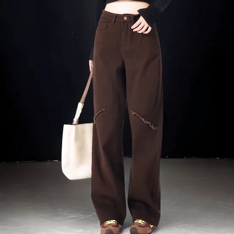 美式拼接直筒牛仔裤秋冬加绒新款高腰宽松休闲显瘦百搭弯刀阔腿裤