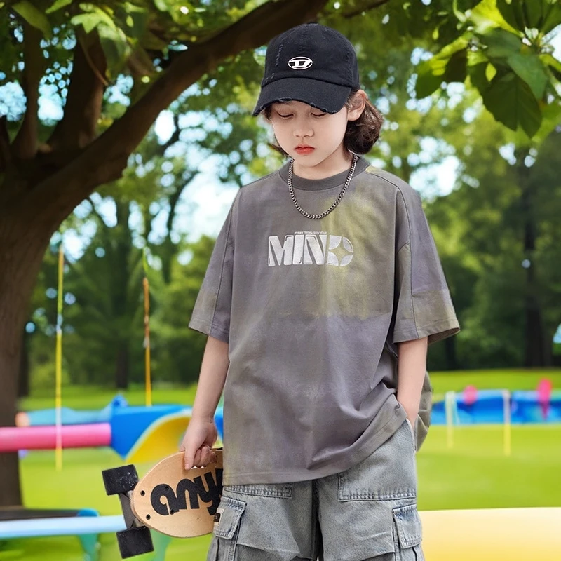 童装休闲衣服男童夏季新款晕染时尚短袖透气恤美式洋气扎染渐变