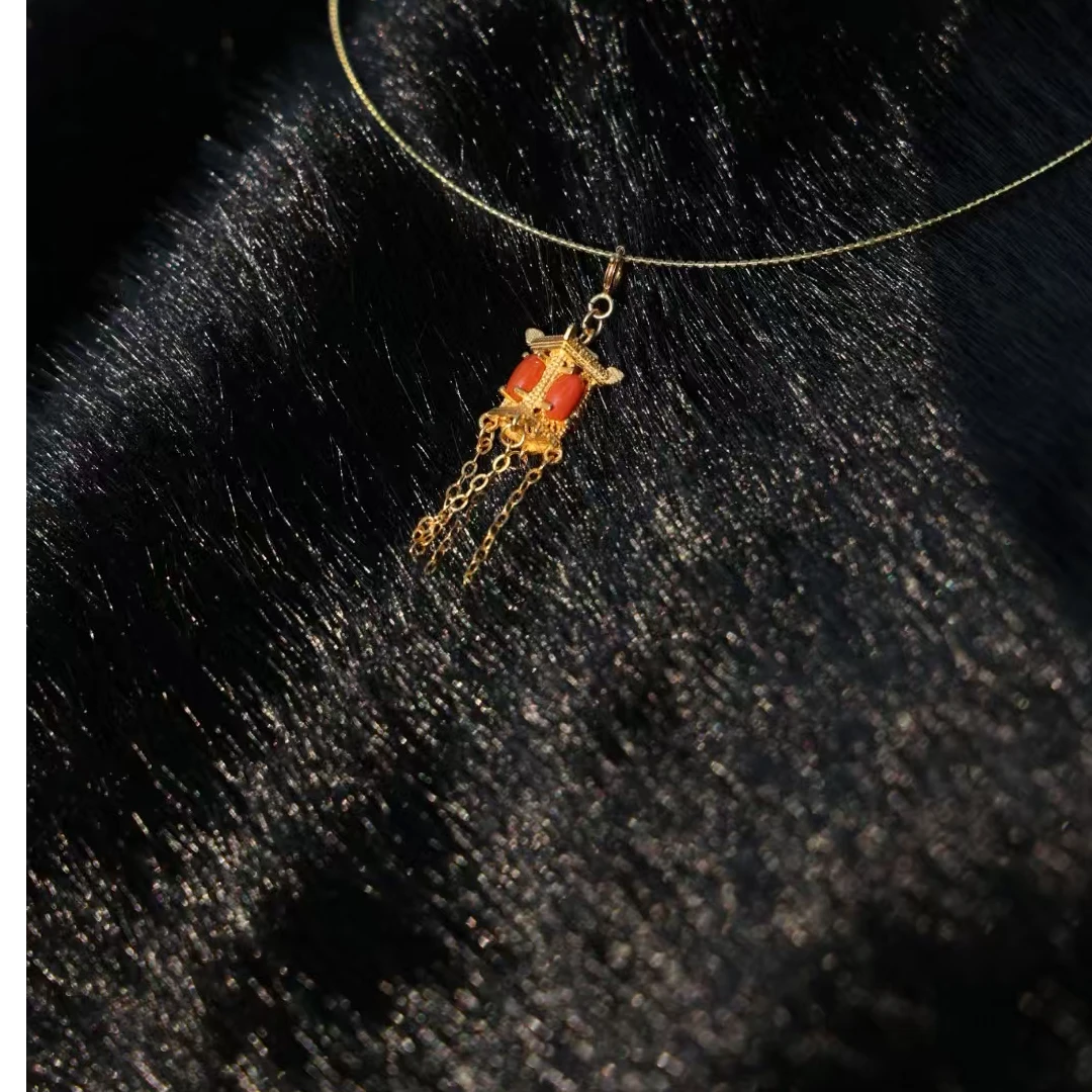 苏工国风原创925银南红宫灯吊坠