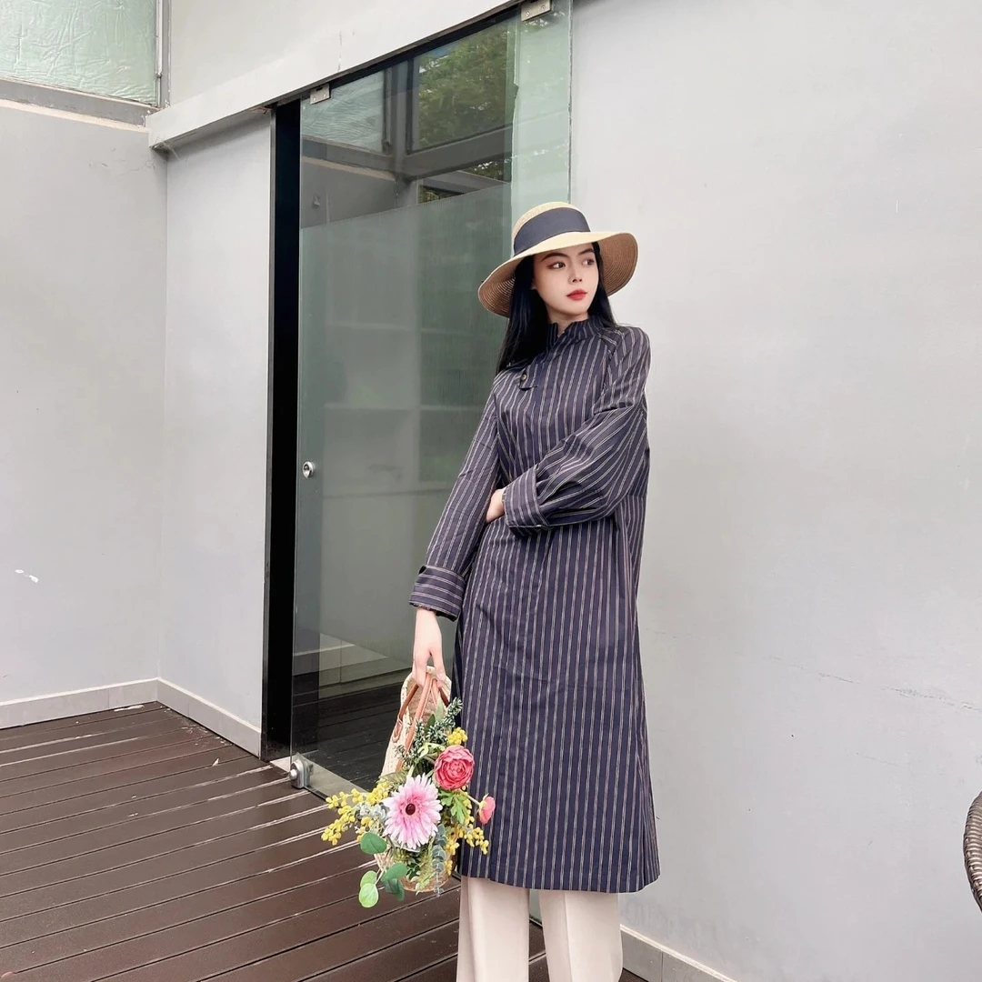 女装深蓝色条纹长款休闲裙子5500455-122