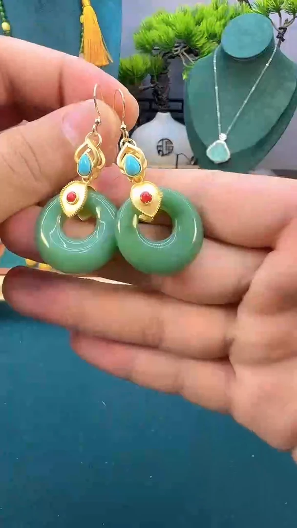 和田玉14K金镶嵌耳饰E245