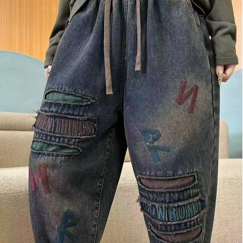 潮牌加绒加厚牛仔裤