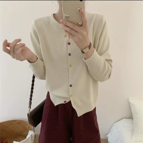 2025春装新款韩版宽松显瘦百搭针织开衫女设计感小众彩色纽扣毛衣