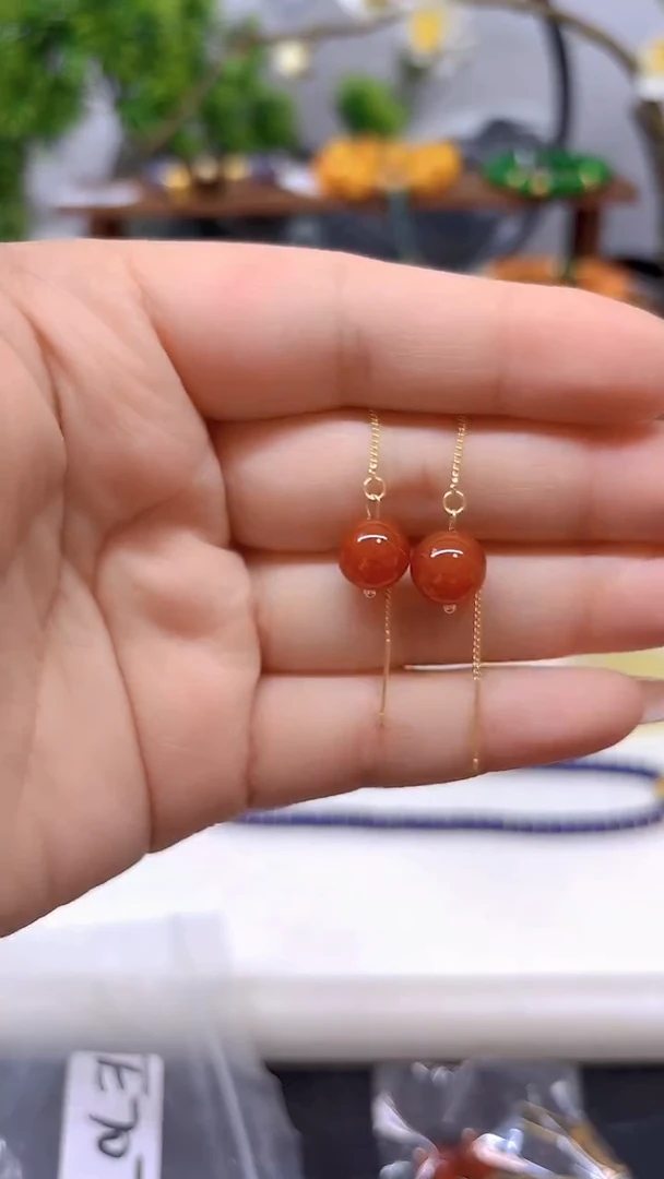 银S925镀金镶嵌南红玛瑙耳饰E707