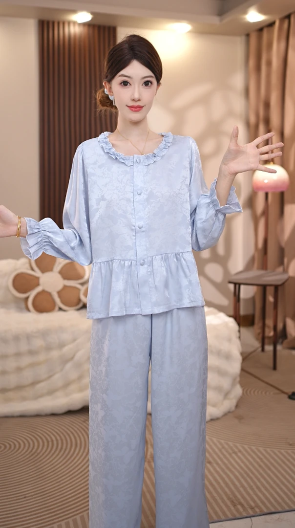 【轻漾】春秋新款提花高级感甜美新款长袖小众睡衣套装家居服女