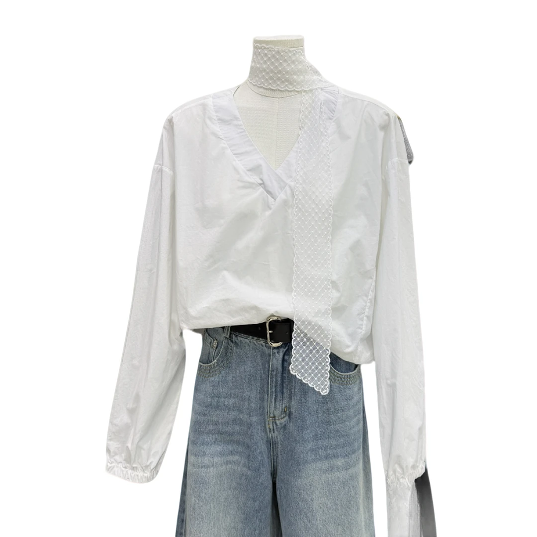 HFY039韩系温柔高级感V领飘带衬衣长袖时尚休闲百搭洋气衣服穿搭