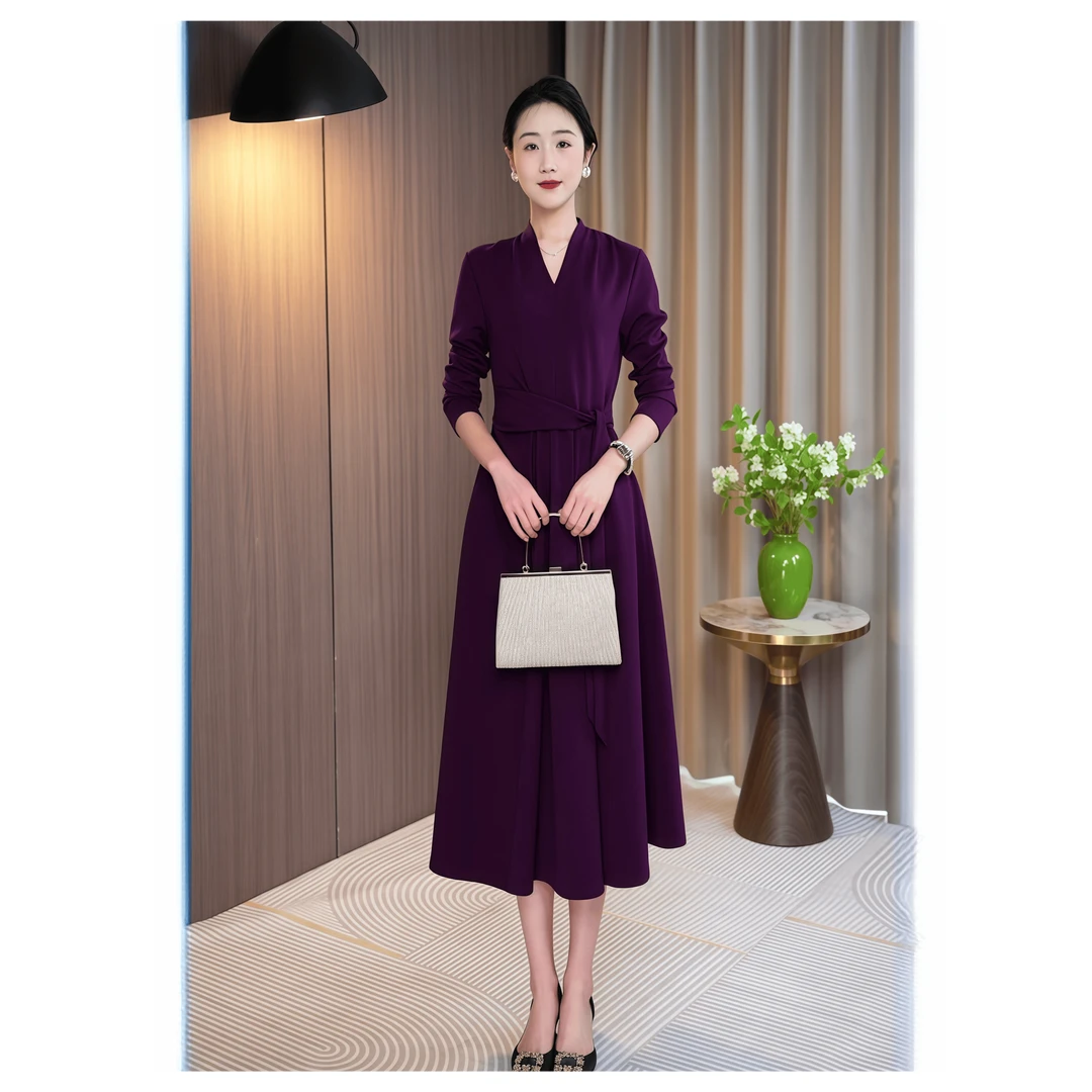 连衣裙显瘦气质长袖长裙紫色复古收腰春秋时尚夏季法式长款修身