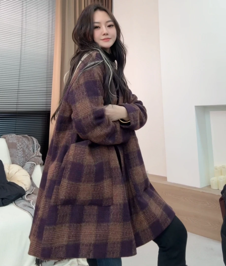 museguhui/木色古汇2288#大格休闲气质百搭时尚V领设计感毛呢外套