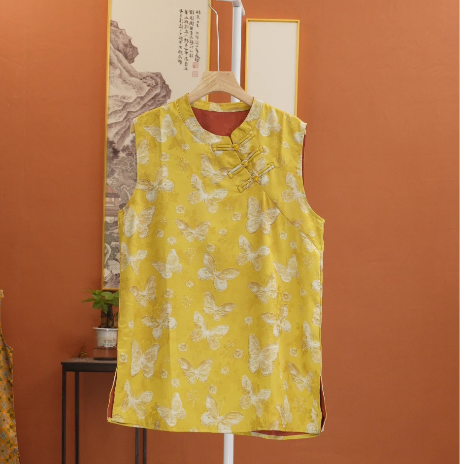 【蝶恋花】提花立领中长款无袖印染薄款上衣大花中式碎花夏季