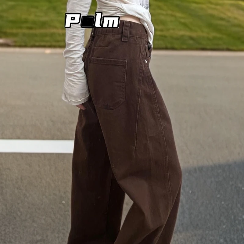 GiftPalm春秋高个子加长美拉德咖色弯刀牛仔裤女高腰垂感阔腿裤子