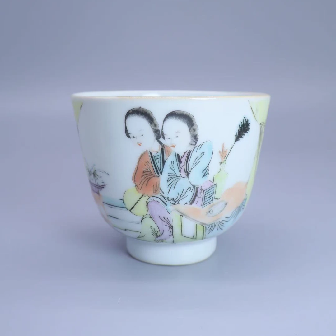 46: 民国粉彩诗文仕女纹杯