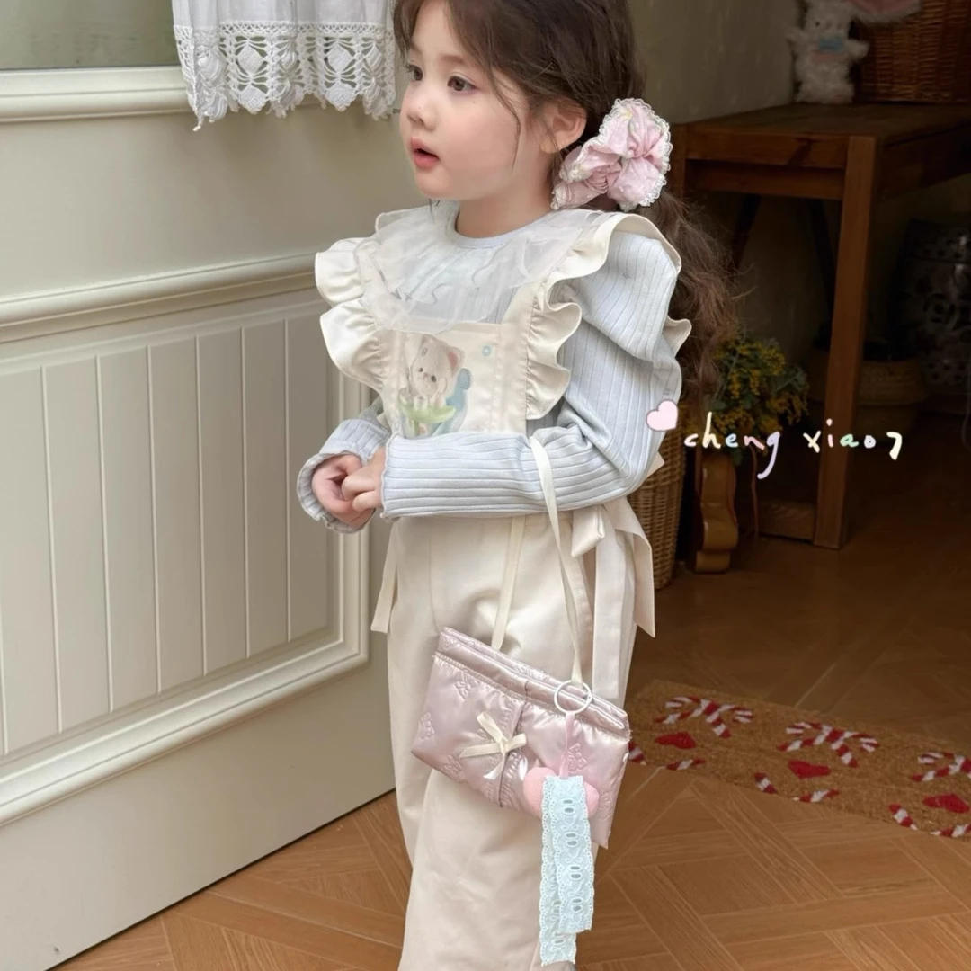 女童森系韩版套装2025新款宝宝网纱领打底衫+卡通背带裤两件套装