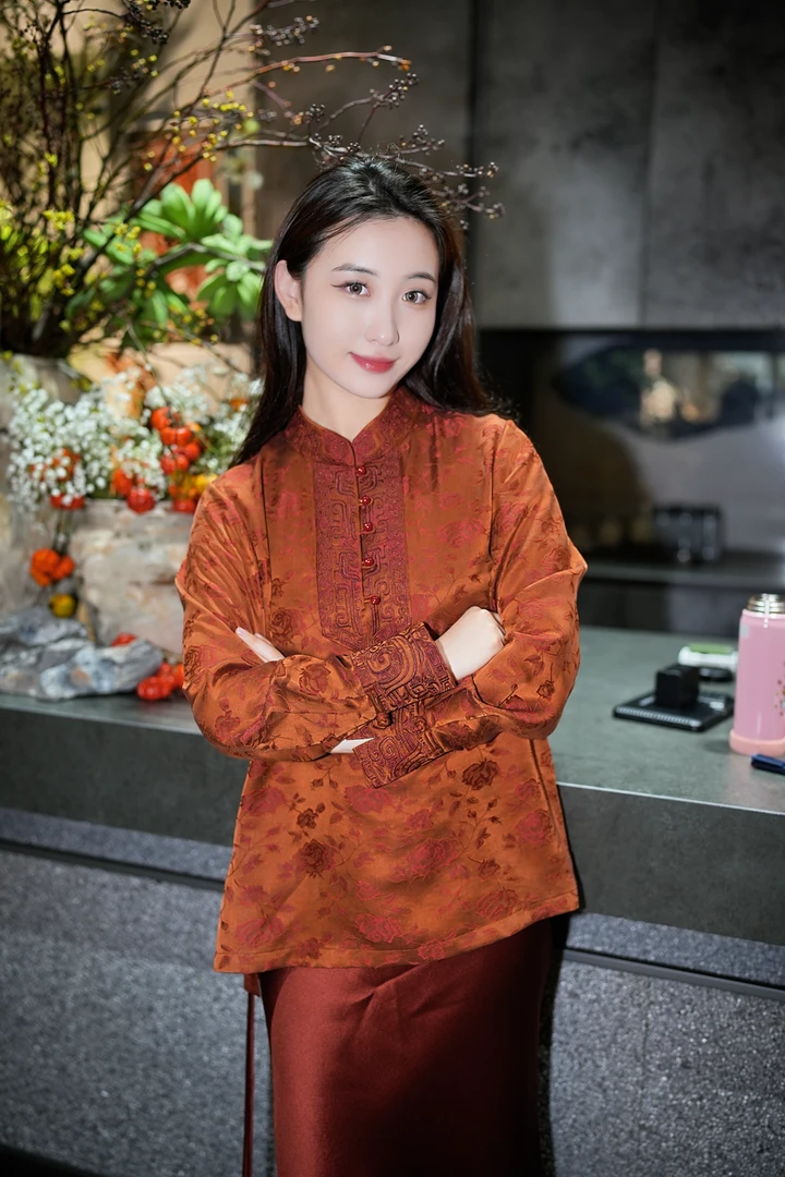 蓝大【竹隐】桑蚕丝香云纱长袖上衣7602