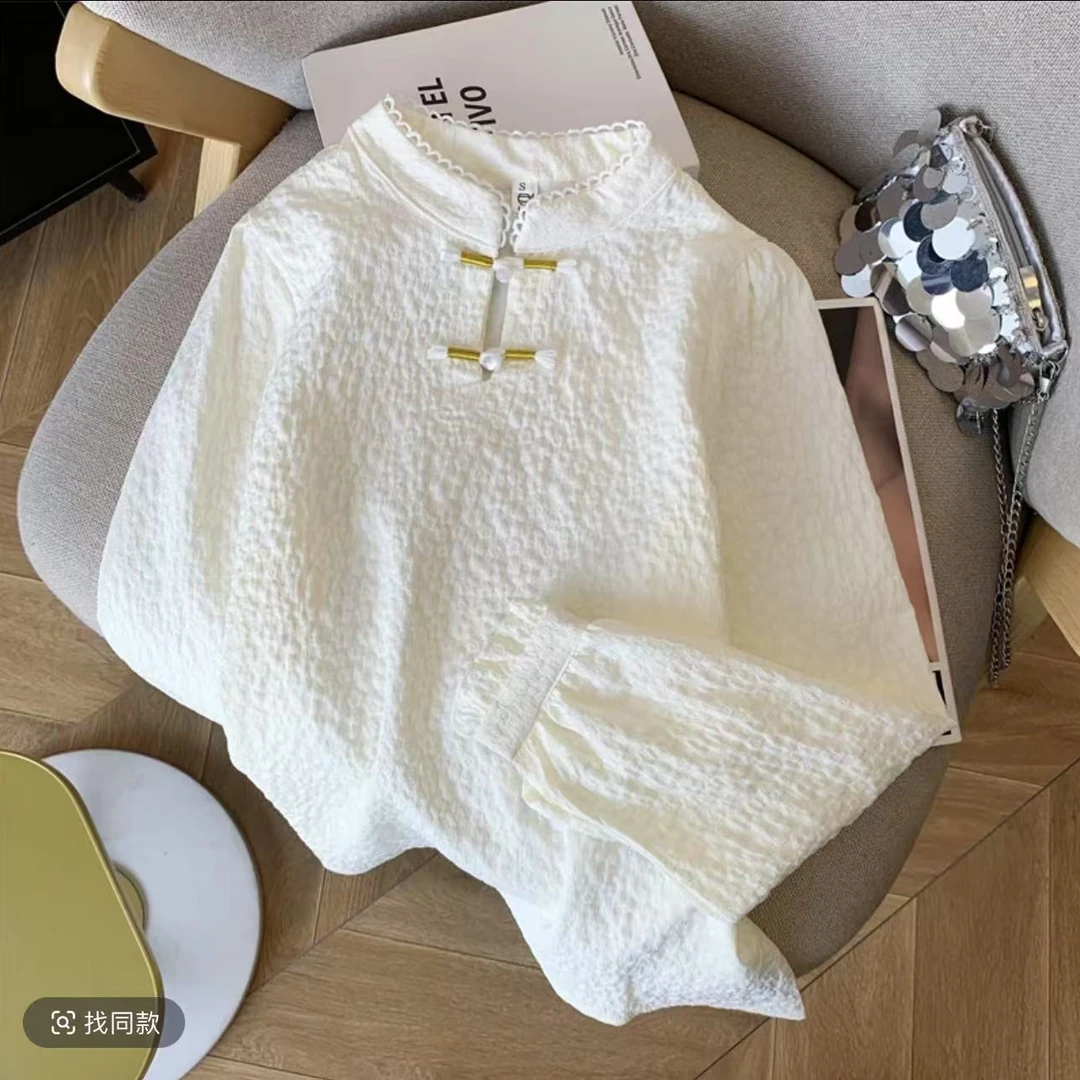 复古立领盘扣衬衫女冬季新款内搭小衫洋气别致新中式上衣