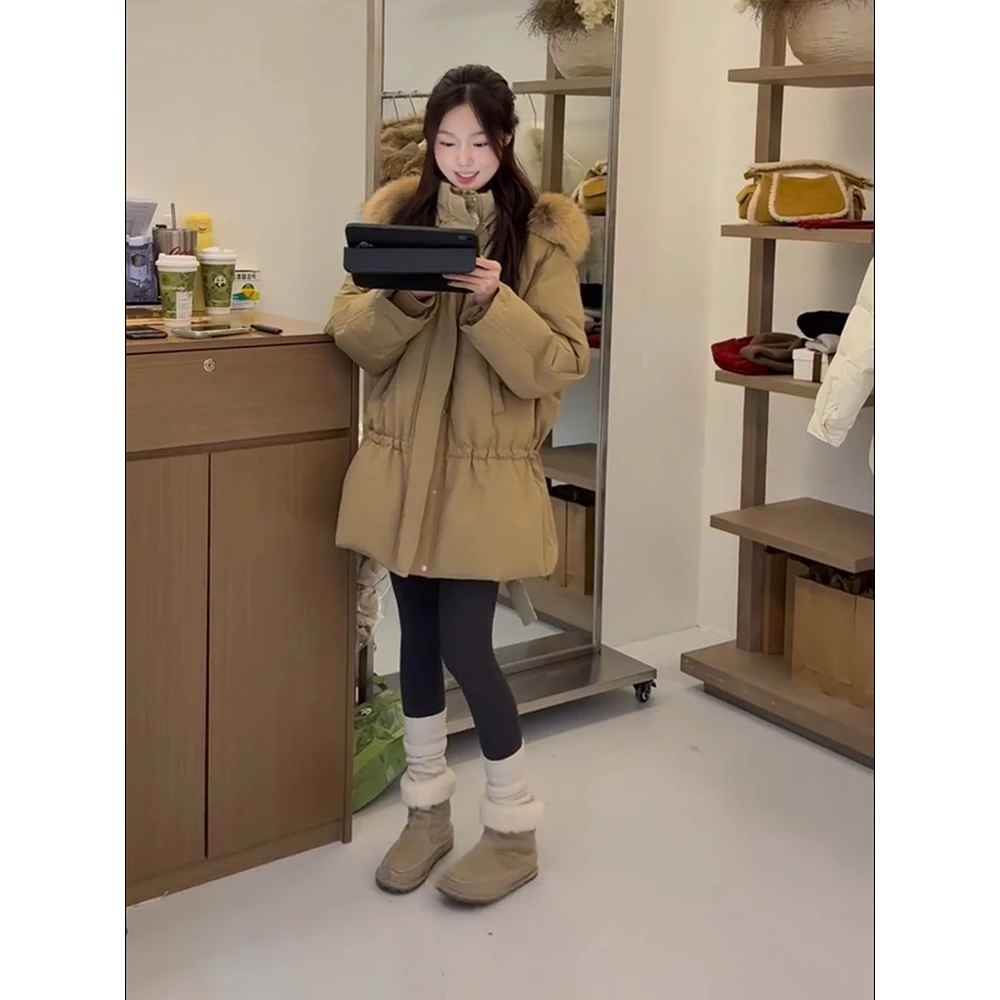 MARIE.COCO韩系毛领中长款连帽棉服女冬季新款高级感收腰棉衣外套