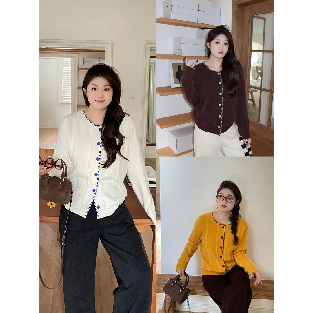 裂渡宣宣【榛果可可】微胖大码女秋百搭针织毛衣圆领上衣ZY507R24