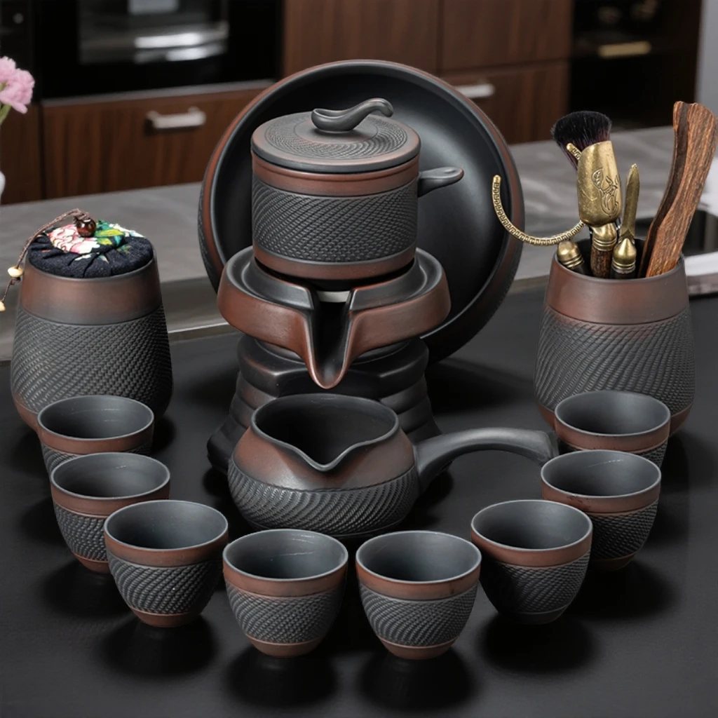 紫陶自动茶具套装家用懒人旋转石磨茶壶陶瓷功夫茶杯会客泡茶礼盒