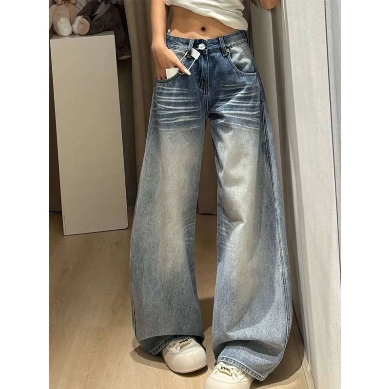 美式复古水洗阔腿弯刀牛仔裤女设计感低腰辣妹宽松显瘦直筒拖地裤