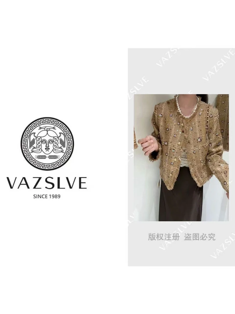 秋冬新款通勤重工手工钉珠亮片花圆领粗花呢短款外套女MY8612