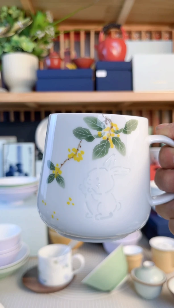 瓷片瓷片玲珑手绘桂花兔子高温白瓷杯子
